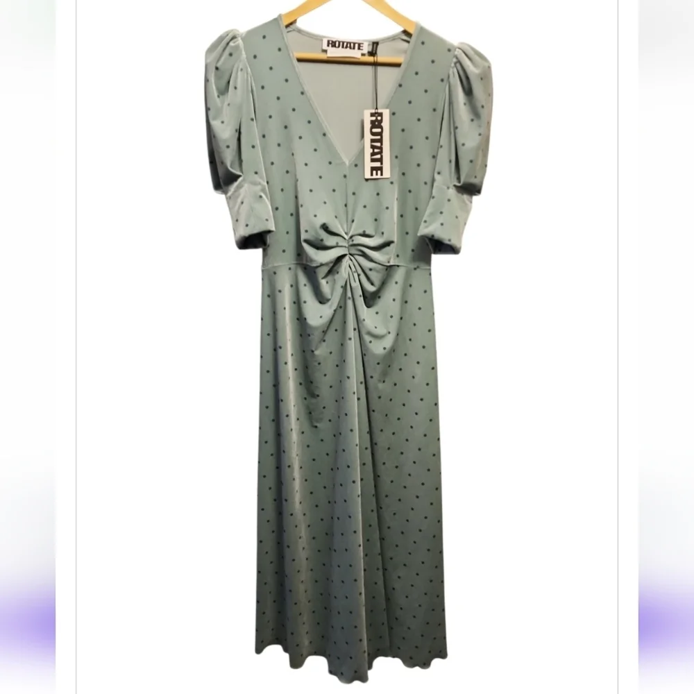Rotate Birger Christensen Sierina Puff Sleeve Midi Dress Green Velvet Size 8 NWT